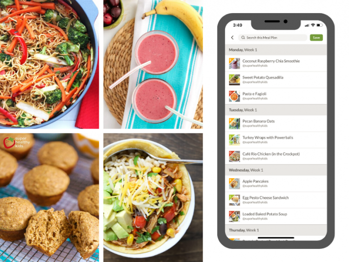 meal planning app shown on an iphone beside several healthy recipes